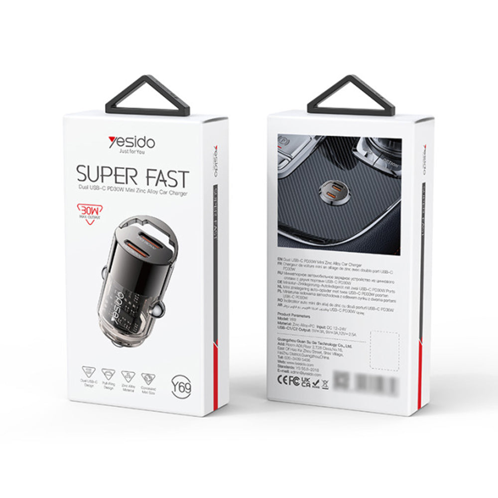 Avtomobilski polnilec Yesido Y69, 30W, 3A, 2 x USB-C, Črn