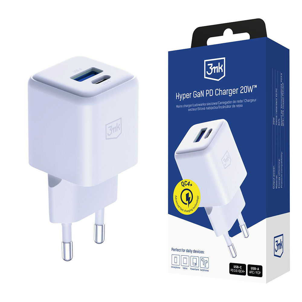Polnilnik omrežja 3MK Hyper, 20W, 3A, 1 x USB-A - 1 x USB-C, Bel