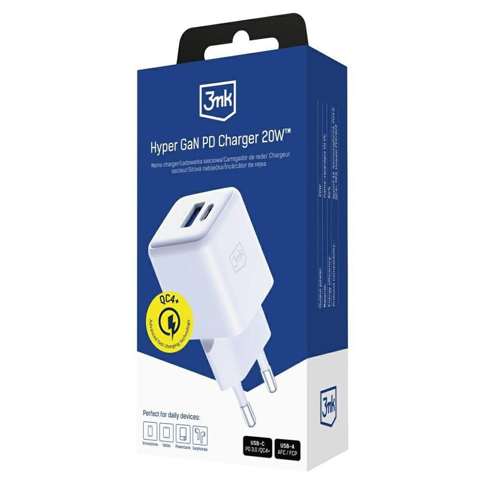 Polnilnik omrežja 3MK Hyper, 20W, 3A, 1 x USB-A - 1 x USB-C, Bel