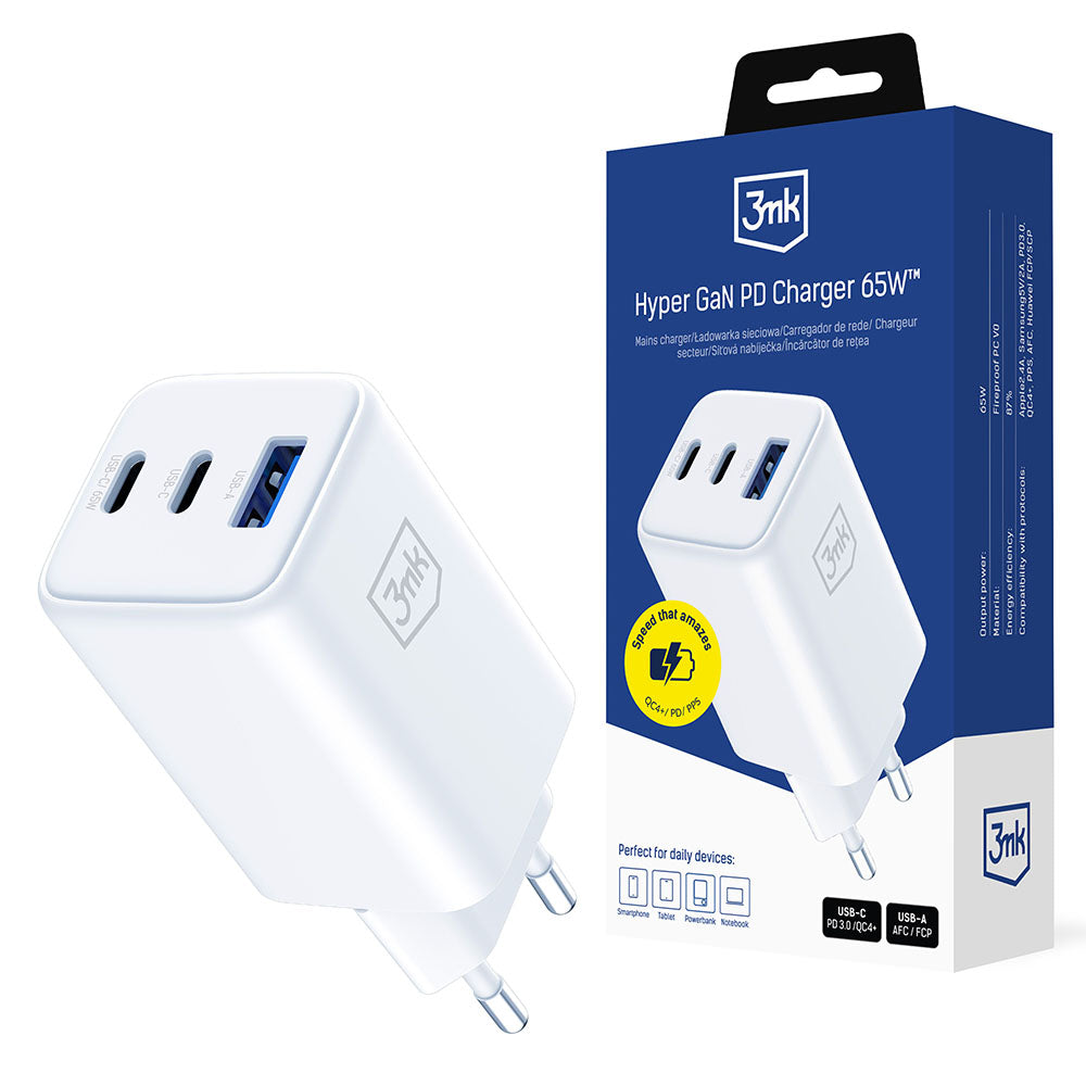 Polnilnik omrežja 3MK Hyper, 65W, 3.25A, 1 x USB-A - 2 x USB-C, Bel