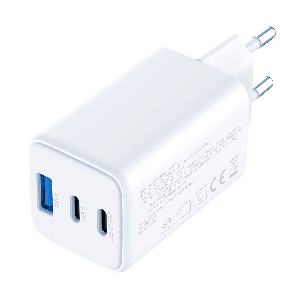 Polnilnik omrežja 3MK Hyper, 65W, 3.25A, 1 x USB-A - 2 x USB-C, Bel