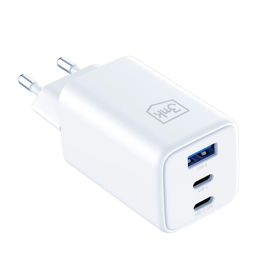 Polnilnik omrežja 3MK Hyper, 65W, 3.25A, 1 x USB-A - 2 x USB-C, Bel
