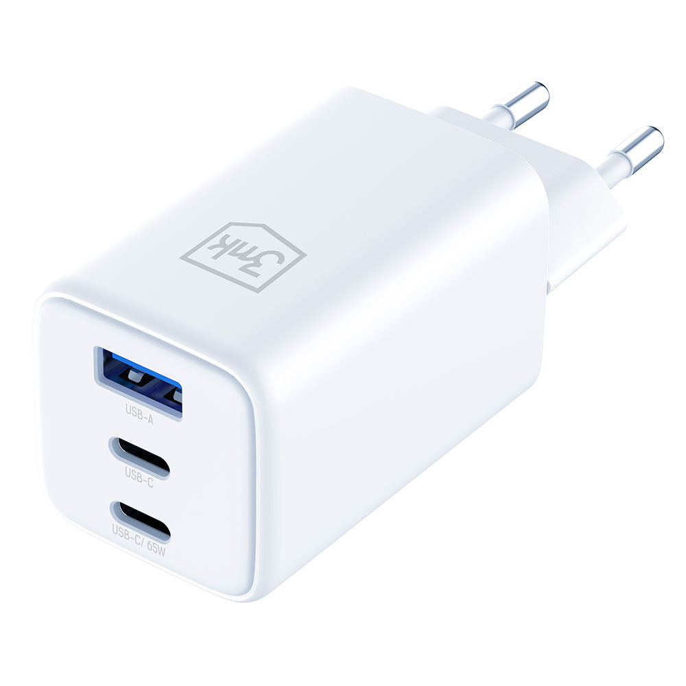 Polnilnik omrežja 3MK Hyper, 65W, 3.25A, 1 x USB-A - 2 x USB-C, Bel