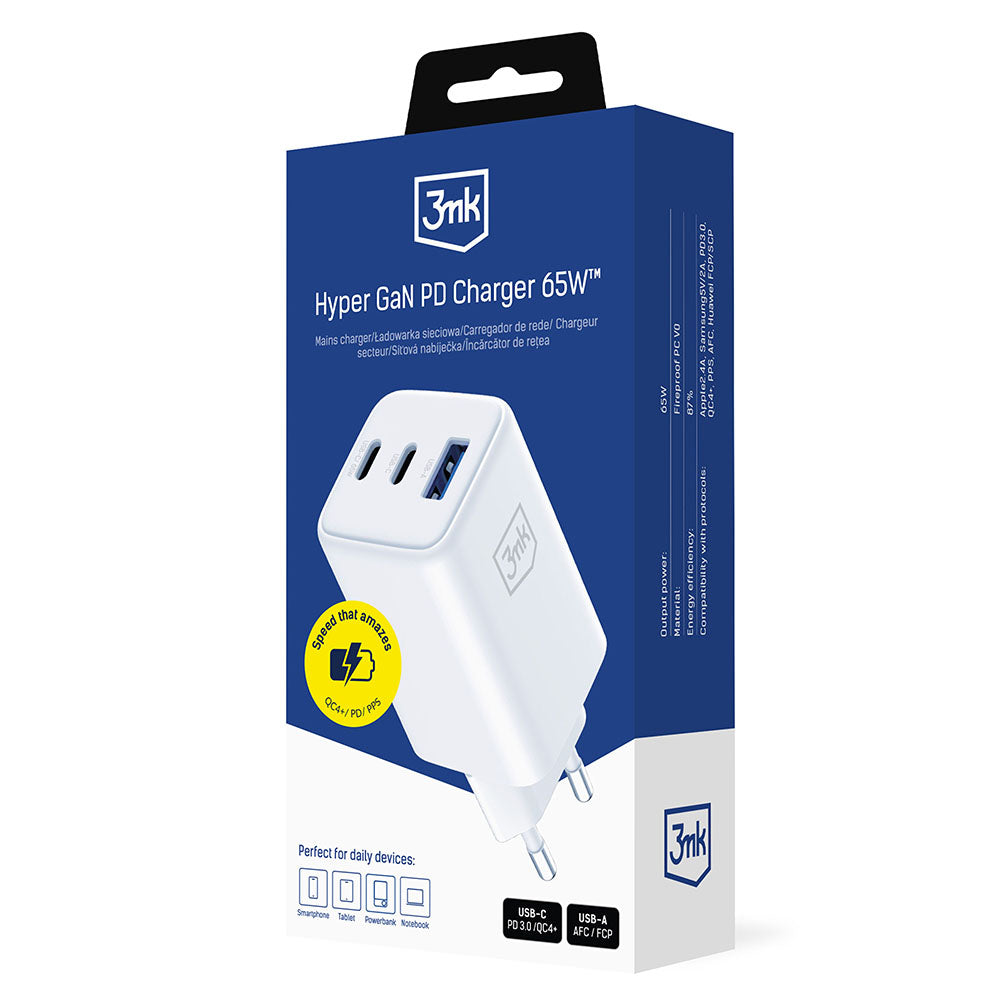 Polnilnik omrežja 3MK Hyper, 65W, 3.25A, 1 x USB-A - 2 x USB-C, Bel