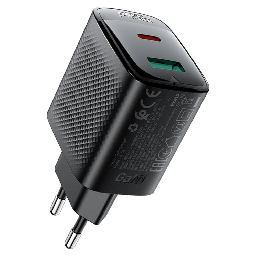 Polnilnik Acefast A106, 45W, 3A, 1 x USB-A - 1 x USB-C, črn
