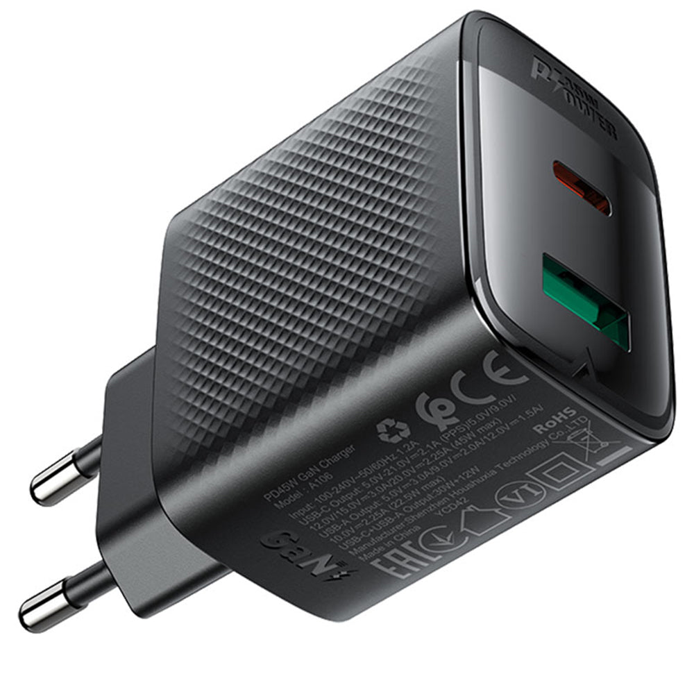 Polnilnik Acefast A106, 45W, 3A, 1 x USB-A - 1 x USB-C, črn