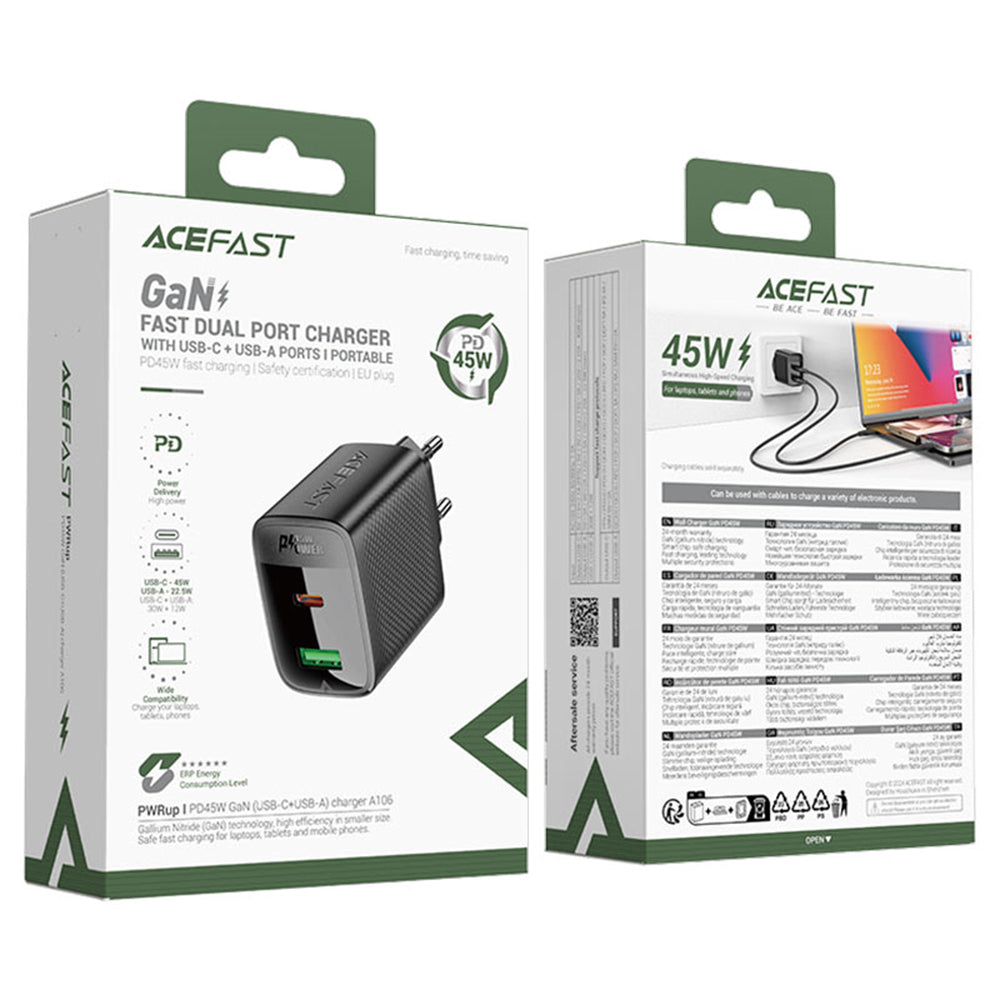 Polnilnik Acefast A106, 45W, 3A, 1 x USB-A - 1 x USB-C, črn
