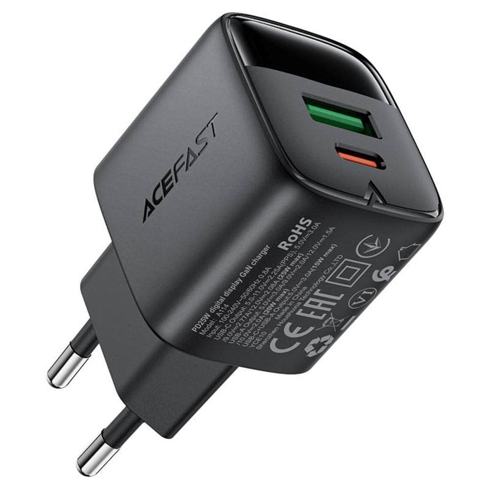Polnilnik Acefast A114 Display, 25W, 3A, 1 x USB-A - 1 x USB-C, črn