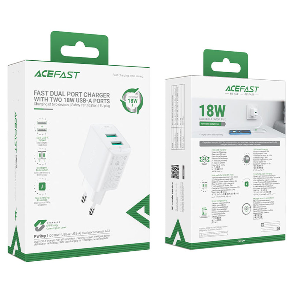Polnilnik Acefast A33, 18W, 3A, 2 x USB-A, črn