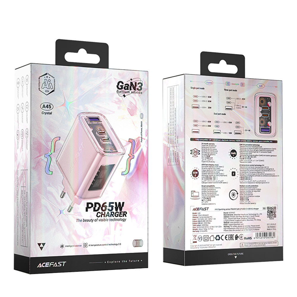Polnilnik Acefast A45 Exploration, 65W, 3.25A, 1 x USB-A - 2 x USB-C, roza