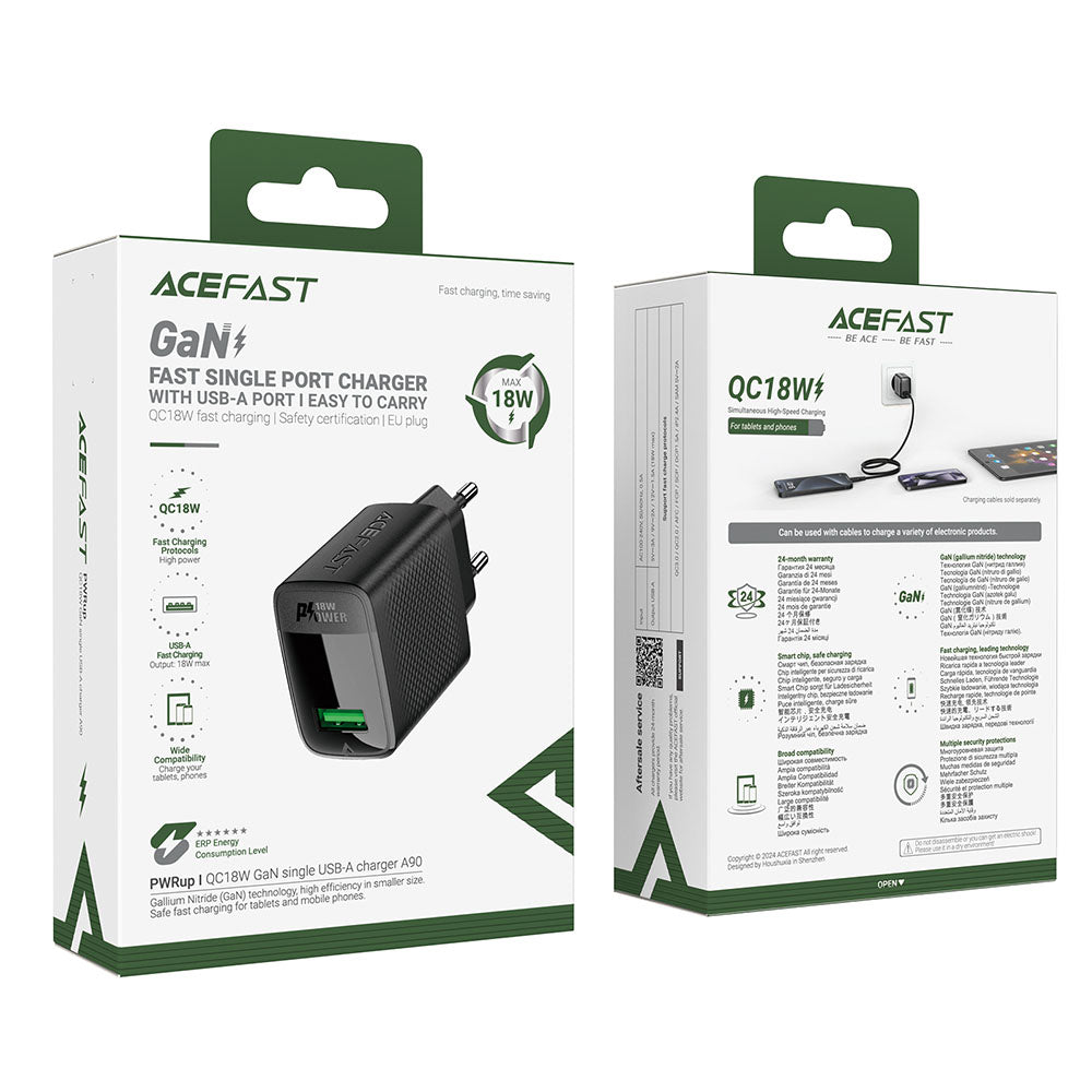 Polnilnik Acefast A90, 18W, 3A, 1 x USB-A, črn
