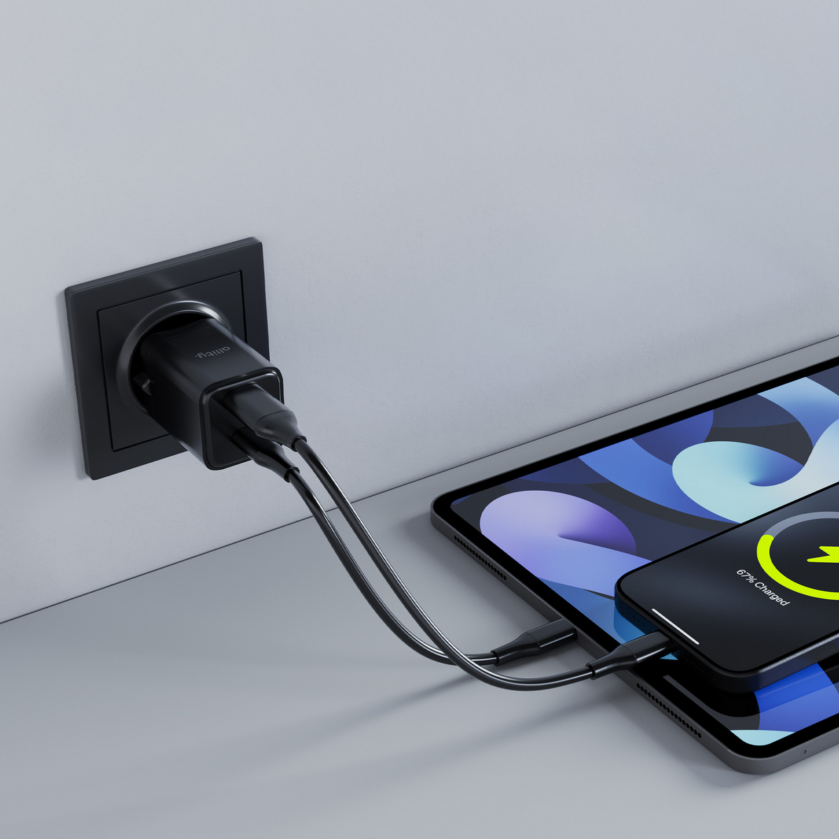 Polnilnik Allity omrežje. ATC-01-30WAC Mini, 30W, 3A, 1 x USB-A - 1 x USB-C, Črn