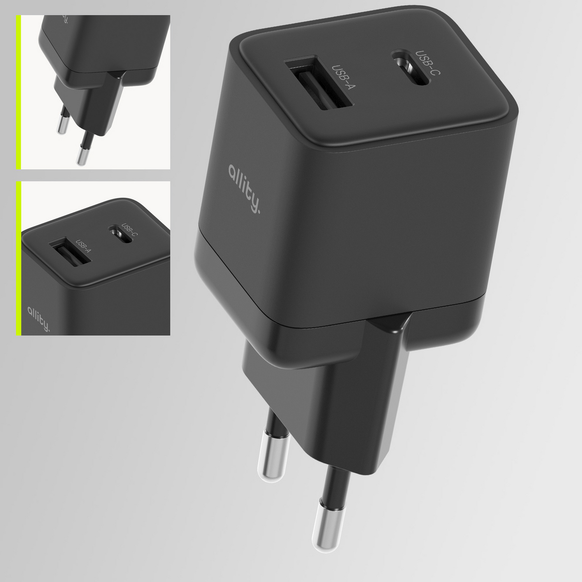 Polnilnik Allity omrežje. ATC-01-30WAC Mini, 30W, 3A, 1 x USB-A - 1 x USB-C, Črn