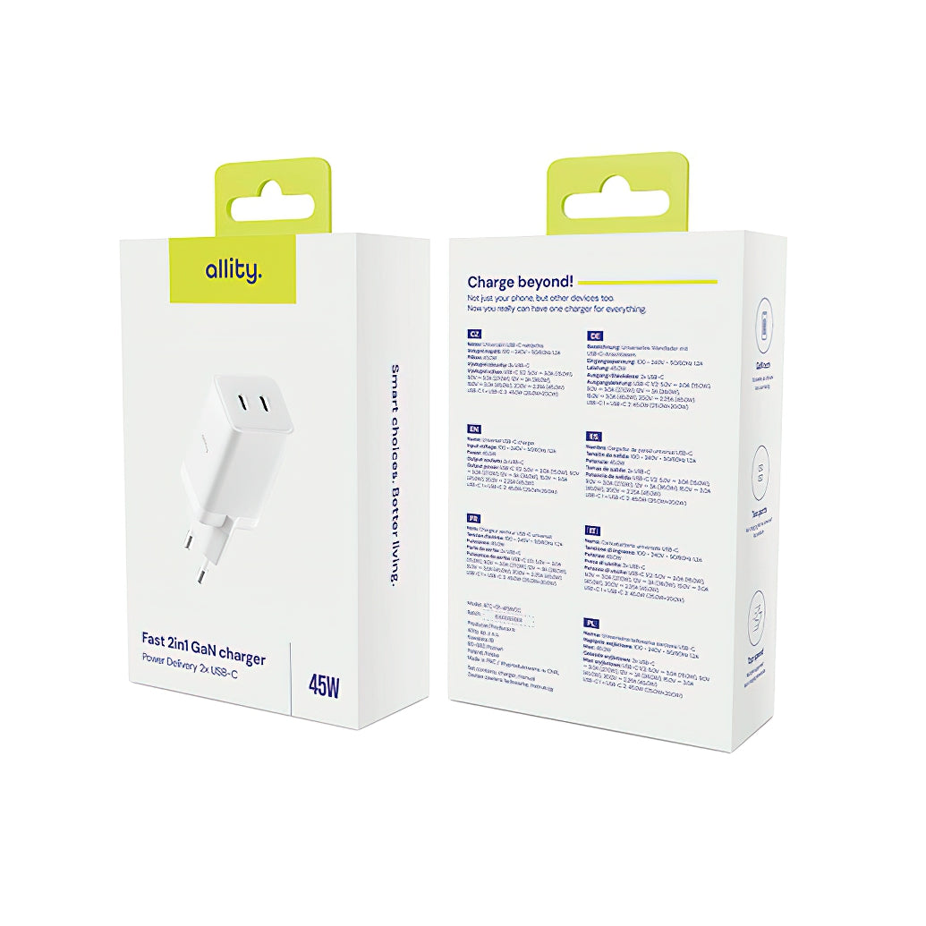 Polnilnik omrežja Allity. ATC-01-45WCC Fast, 45W, 3A, 2 x USB-C, Bel