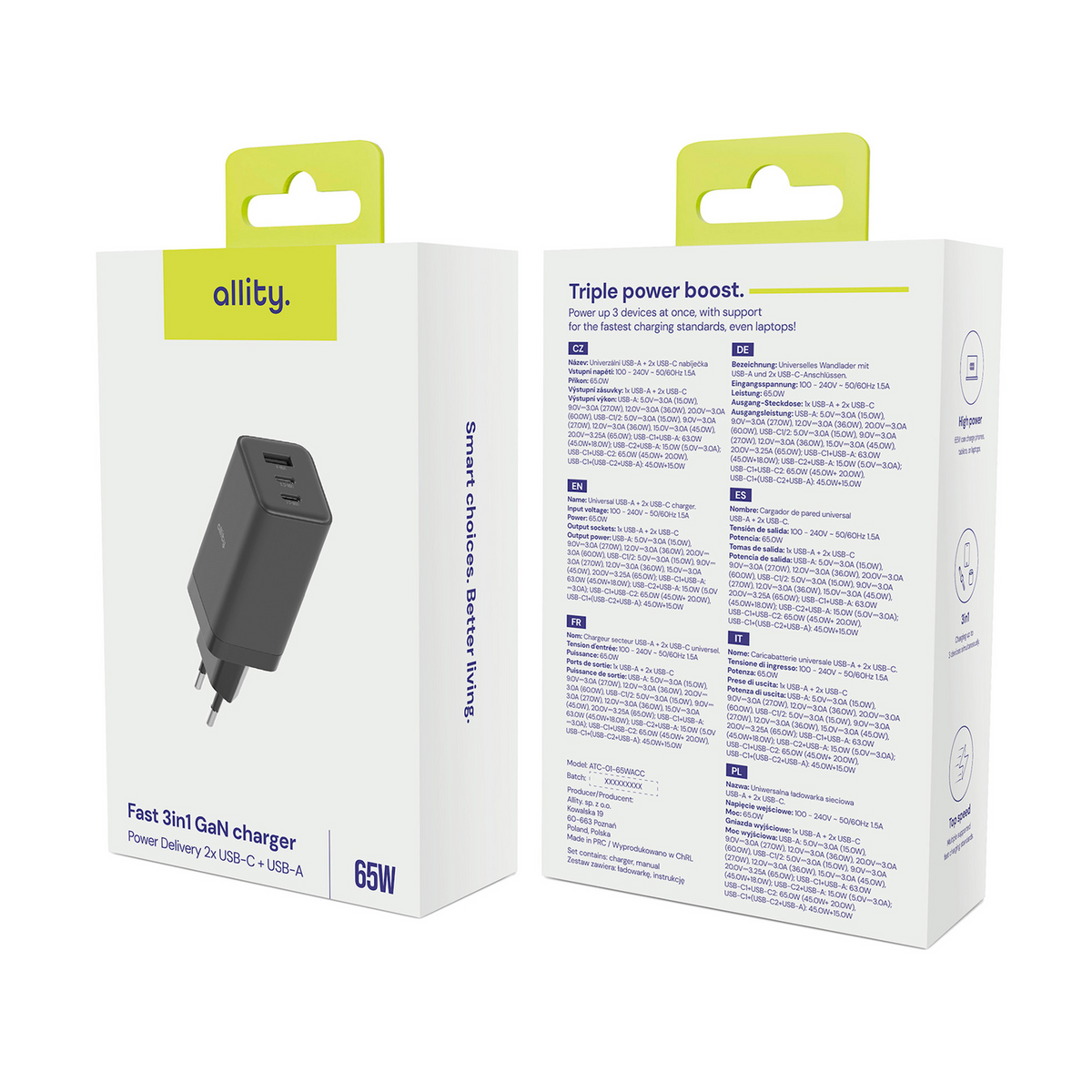 Polnilnik Allity omrežje. ATC-01-65WACC Fast, 65W, 3.25A, 1 x USB-A - 2 x USB-C, Črna