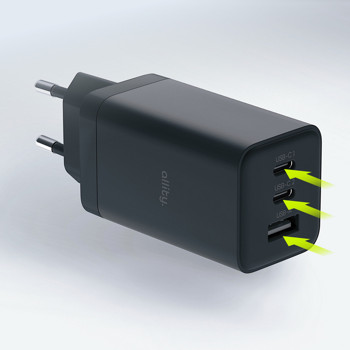 Polnilnik Allity omrežje. ATC-01-65WACC Fast, 65W, 3.25A, 1 x USB-A - 2 x USB-C, Črna
