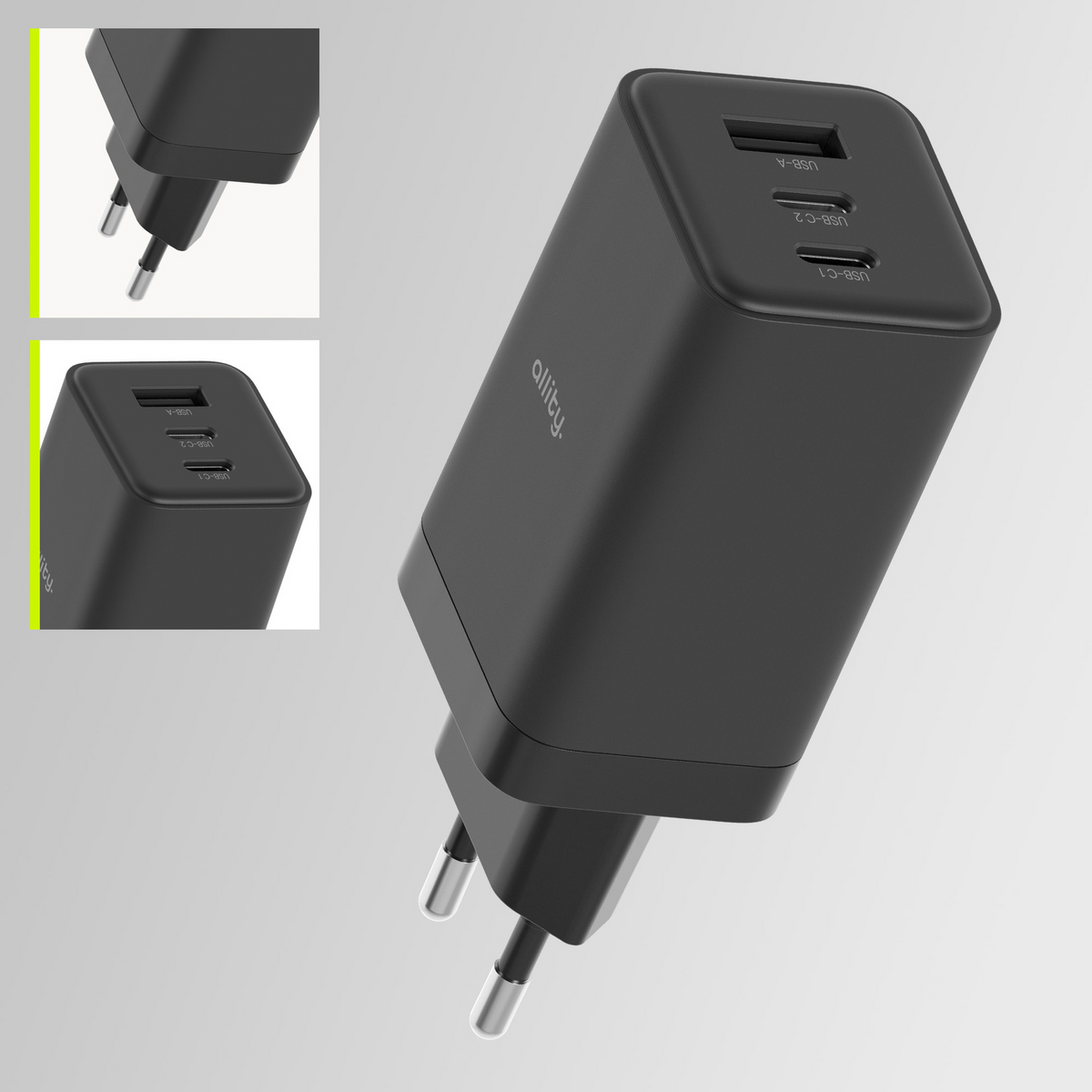 Polnilnik Allity omrežje. ATC-01-65WACC Fast, 65W, 3.25A, 1 x USB-A - 2 x USB-C, Črna