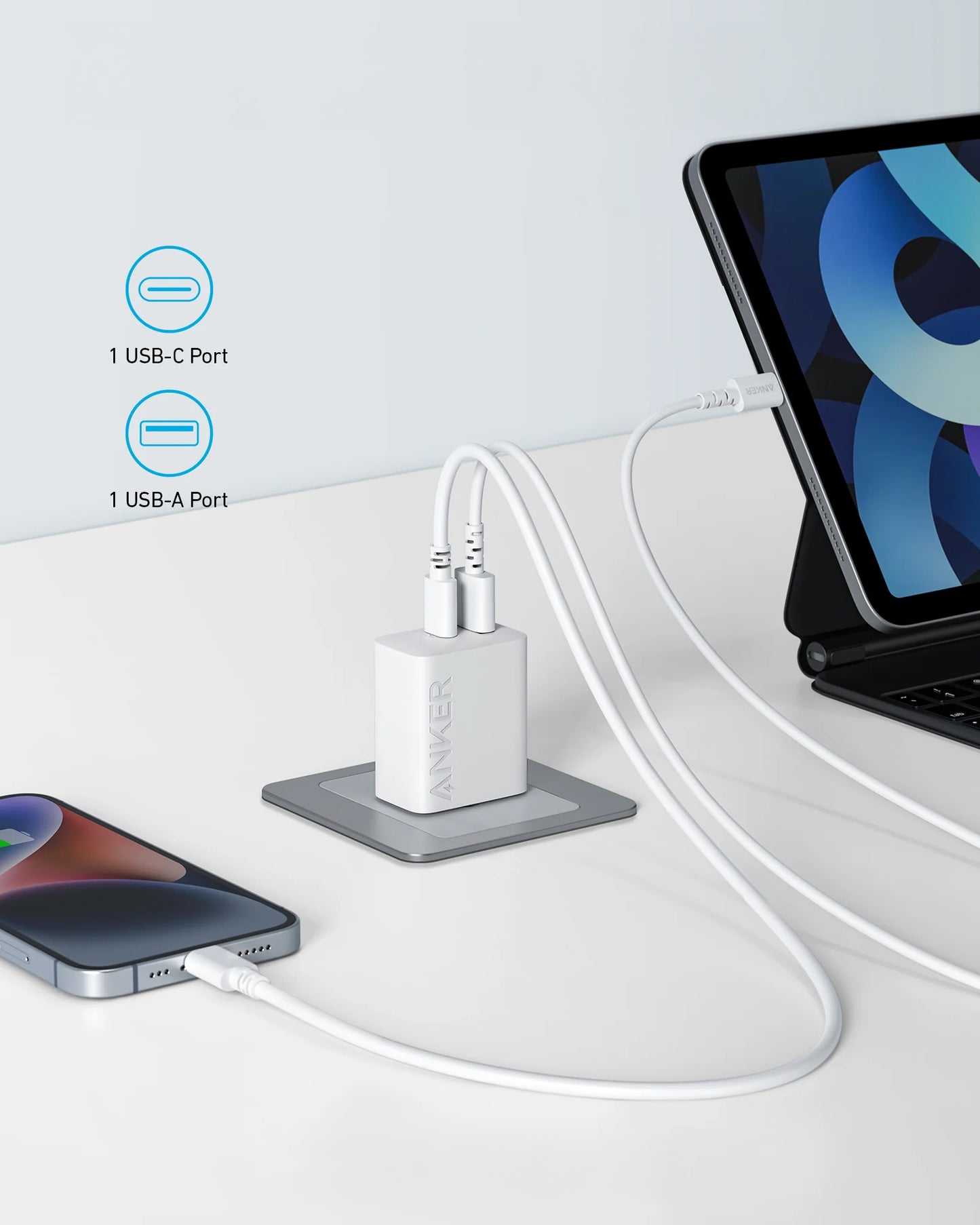 Anker 312 omrežni polnilnik, 20 W, 3A, 1 x USB-A - 1 x USB-C, bel A2348G21