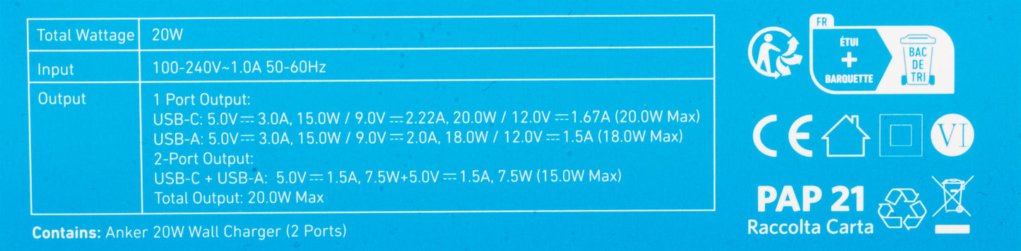 Anker 312 omrežni polnilnik, 20 W, 3A, 1 x USB-A - 1 x USB-C, bel A2348G21