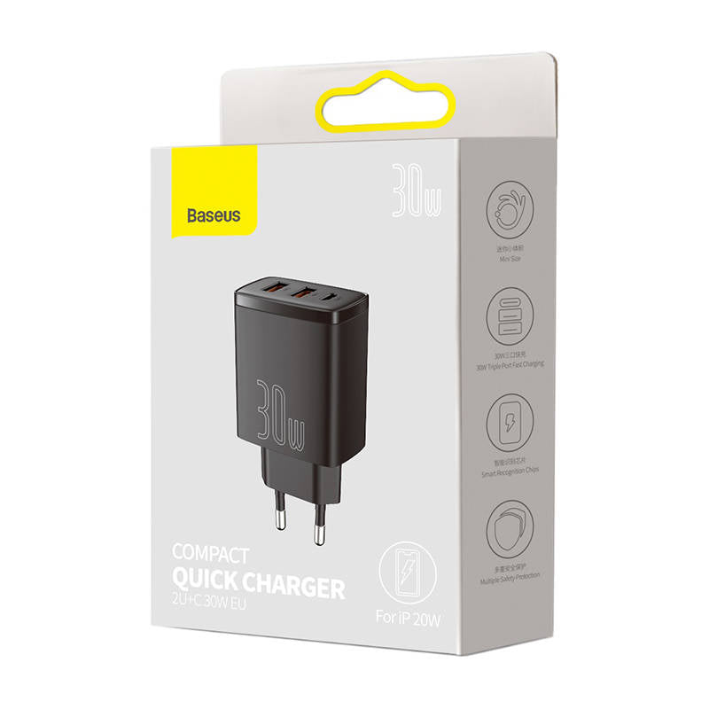 Baseus Compact Network Charger, 30 W, 3A, 1 x USB-C - 2 x USB-A, črn CCXJ-E01