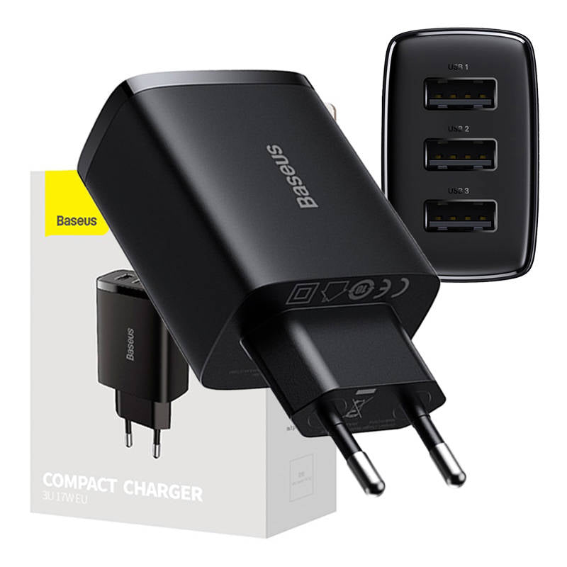 Baseus Compact Network Charger 3U, 17W, 2,1A, 3 x USB-A, črn CCXJ020101