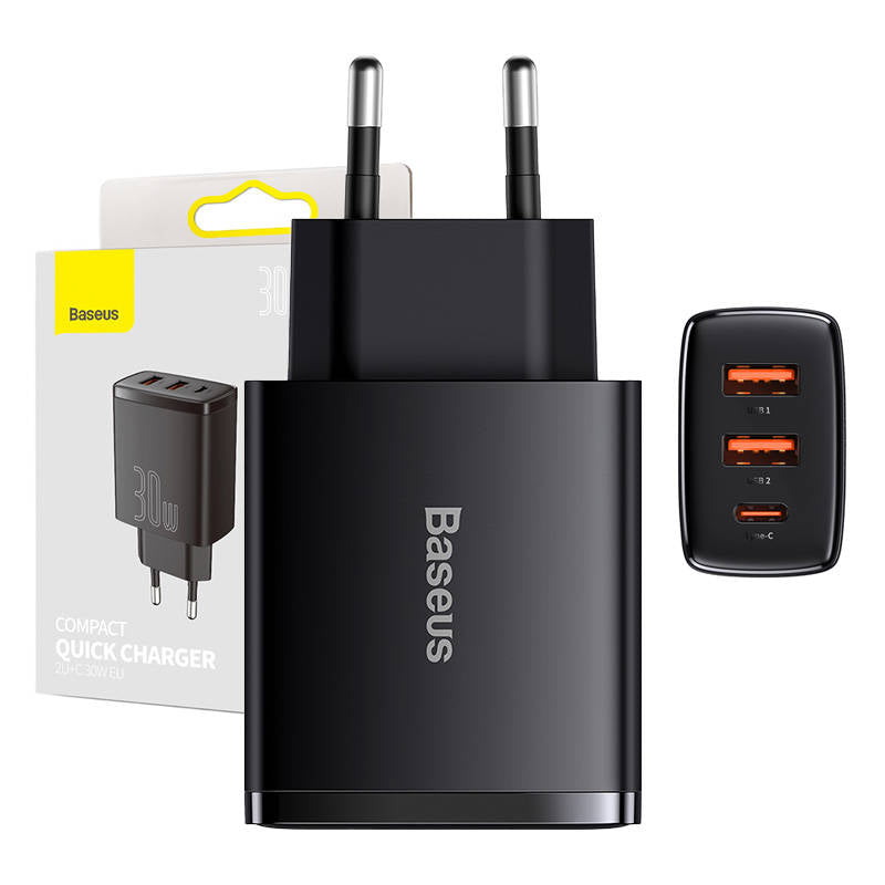 Baseus Compact Network Charger, 30 W, 3A, 1 x USB-C - 2 x USB-A, črn CCXJ-E01