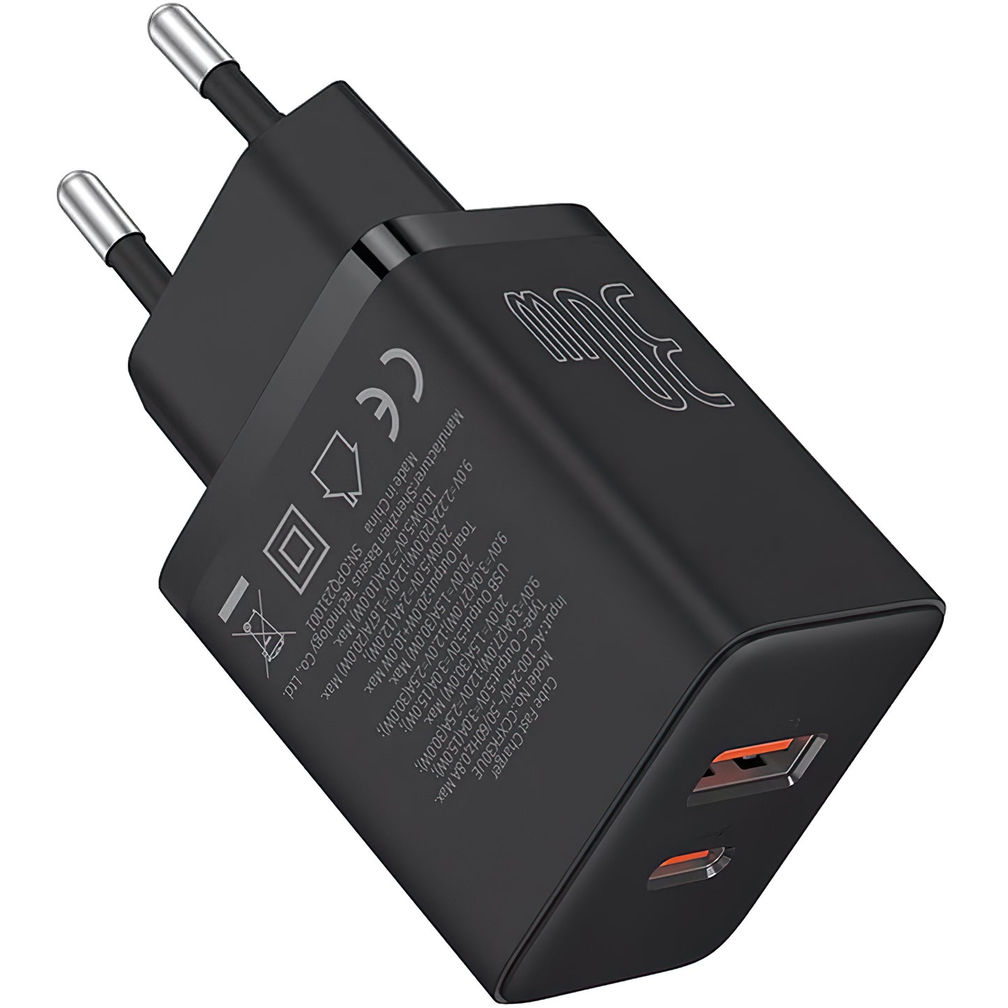 Omrežni polnilnik Baseus Cube, 30 W, 2,4 A, 1 x USB-A - 1 x USB-C, črn P10111404113113-00