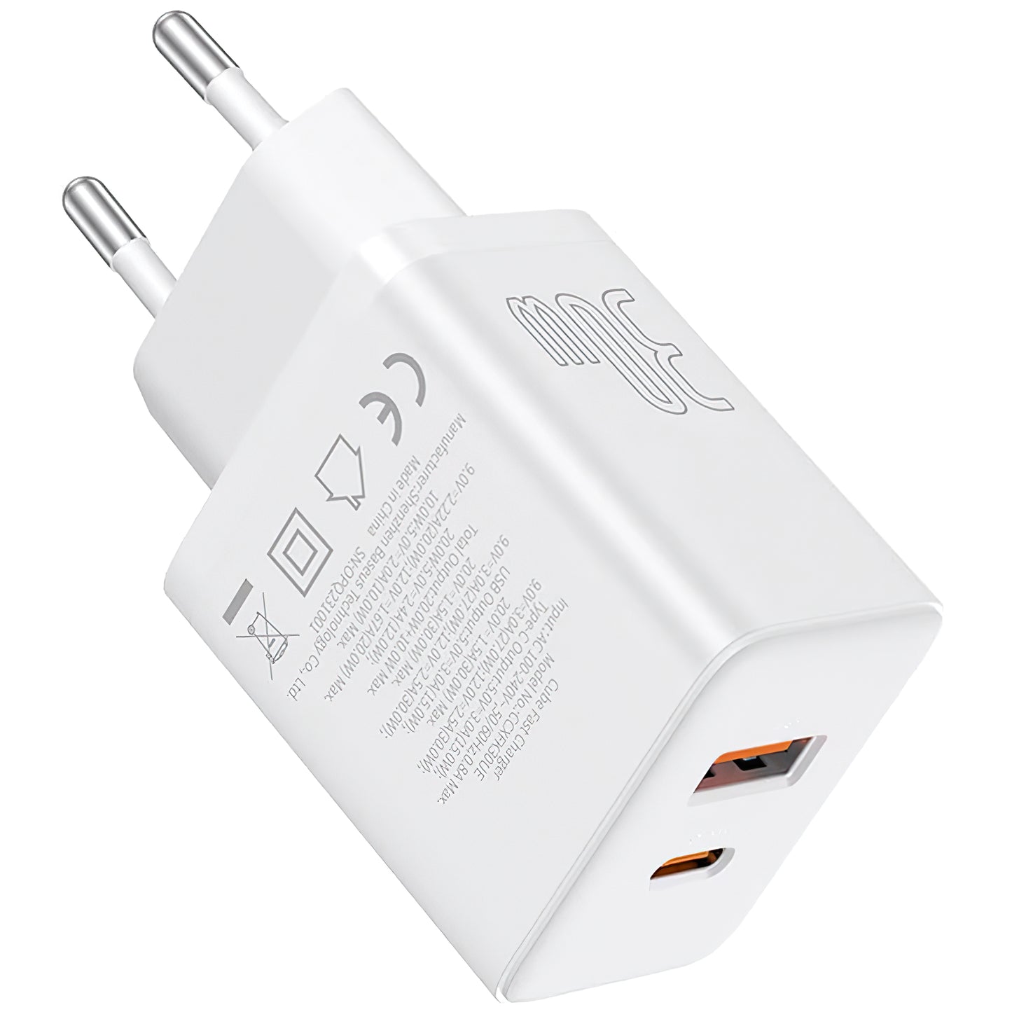 Omrežni polnilnik Baseus Cube, 30 W, 2,4 A, 1 x USB-A - 1 x USB-C, bel P10111404213-00
