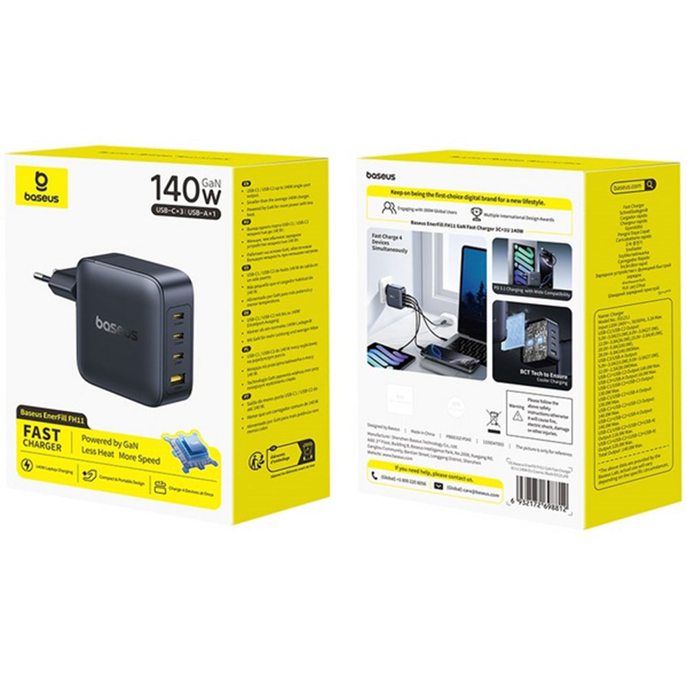 Polnilnik Baseus EnerFill FH11, 140W, 5A, 1 x USB-A - 3 x USB-C, črn E0121J00
