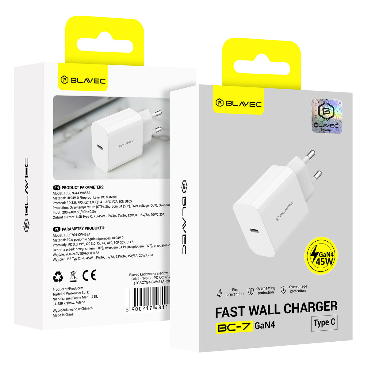 Polnilnik omrežja Blavec BC-7, 45W, 3A, 1 x USB-C, Bel