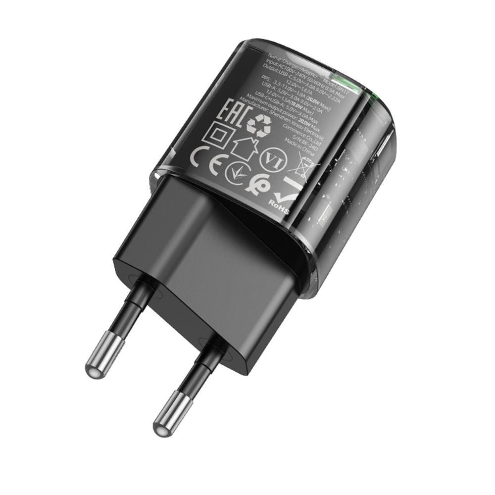 Polnilnik Borofone BN17 Sunlight, 20W, 3A, 1 x USB-A - 1 x USB-C, črn