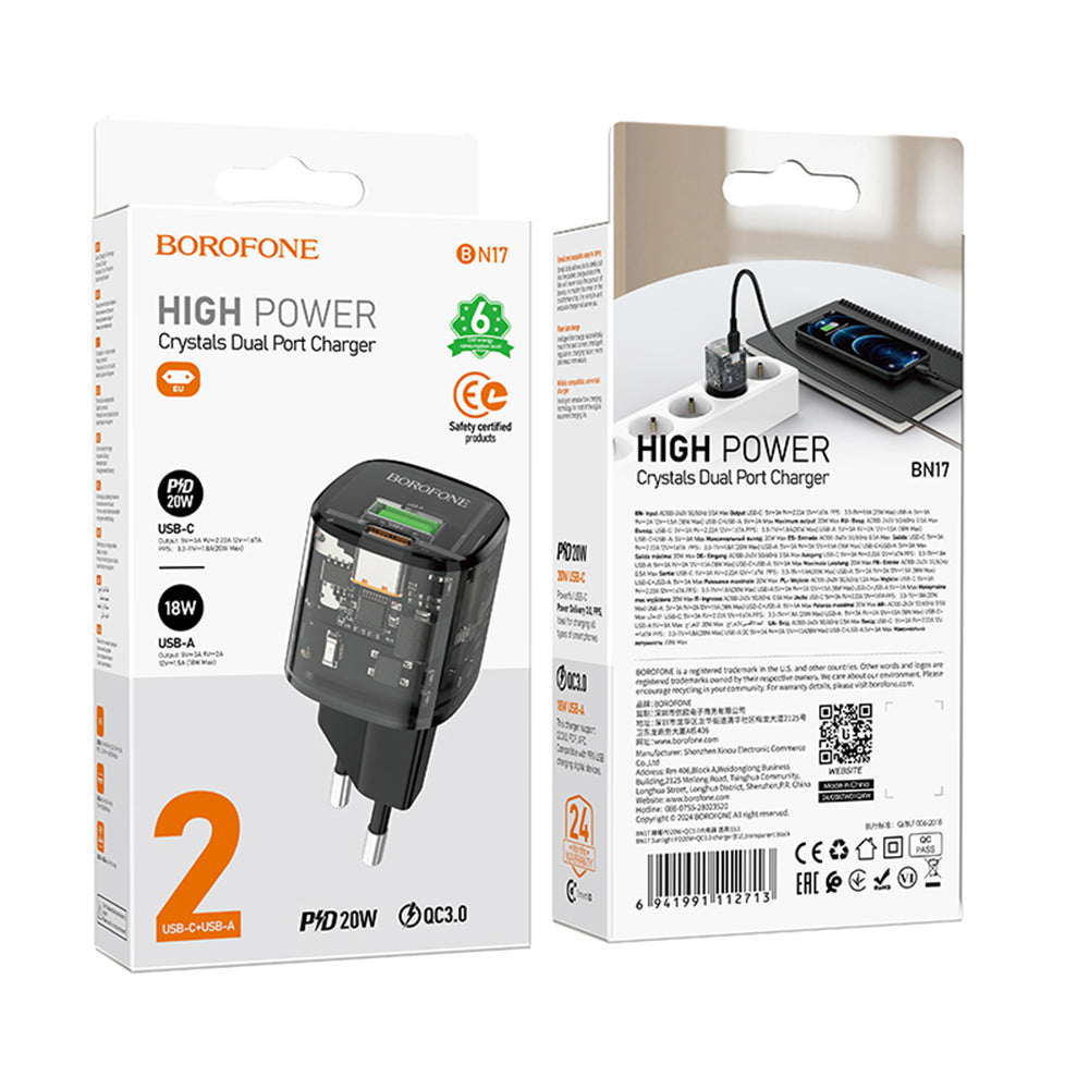 Polnilnik Borofone BN17 Sunlight, 20W, 3A, 1 x USB-A - 1 x USB-C, črn
