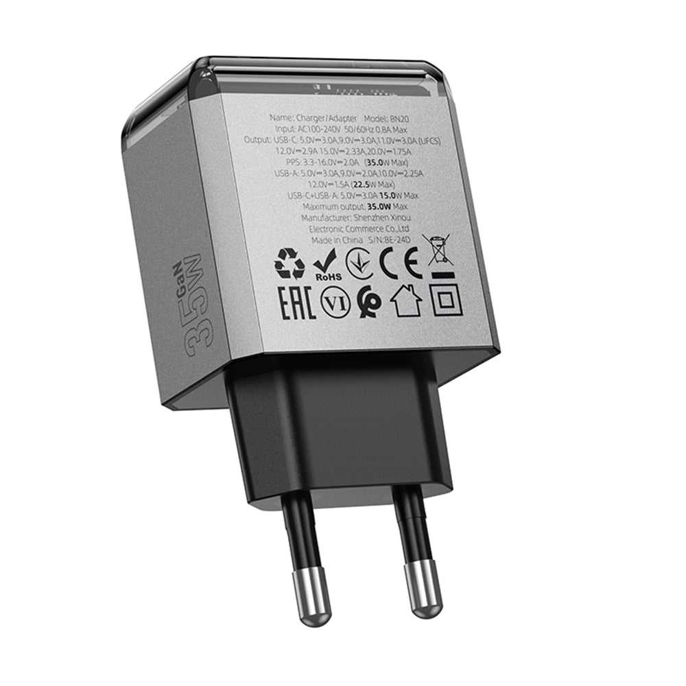 Borofone BN20 Lena Network Charger, 35W, 3A, 1 x USB-A - 1 x USB-C, Grey