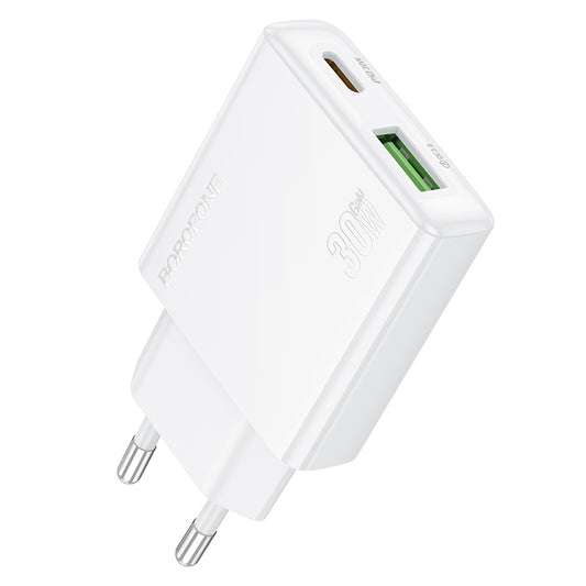 Omrežni polnilnik Borofone BN25 Wish, 30 W, 3A, 1 x USB-A - 1 x USB-C, bel