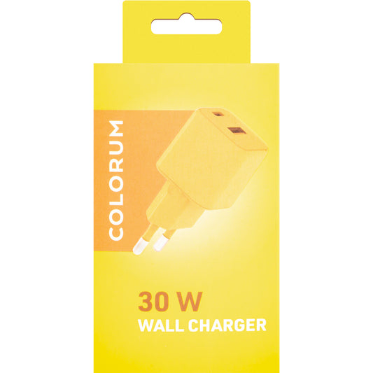Omrežni polnilnik Colourum CLS30-AC-05, 30 W, 3A, 1 x USB-A - 1 x USB-C, rumen