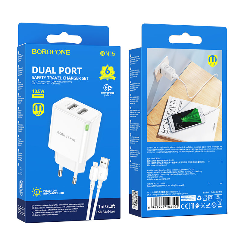 Mrežni polnilnik s kablom microUSB Borofone BN15 Strong, 10,5 W, 2,1 A, 2 x USB-A, bel