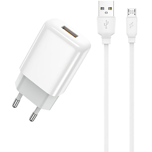 Prestico F7S omrežni polnilnik s kablom microUSB, 12 W, 2,4 A, 1 x USB-A, bel