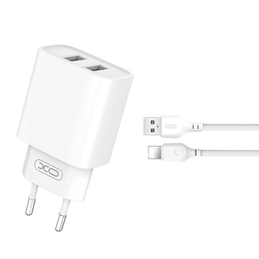 XO Design CE02C Omrežni polnilnik s kablom Lightning, 10,5 W, 2,1 A, 2 x USB-A, bel