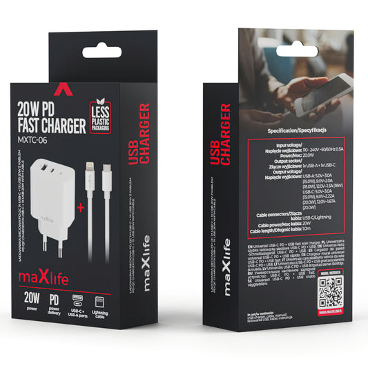 MaXlife MXTC-06-20AC MaXlife MXTC-06-20AC Mrežni polnilnik s kablom Lightning, 20 W, 3A, 1 x USB-A - 1 x USB-C, bel