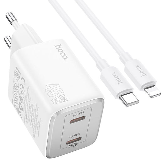 Omrežni polnilnik s kablom Lightning HOCO N42, 45 W, 3A, 2 x USB-C, bel