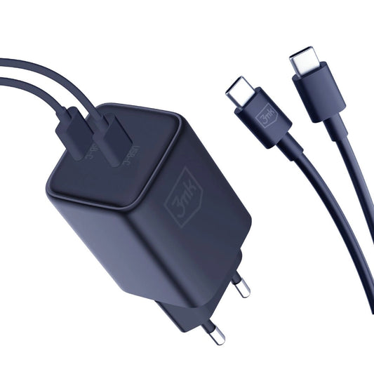 3MK HyperCharger omrežni polnilnik s kablom USB-C, 45 W, 3A, 2 x USB-C, črn
