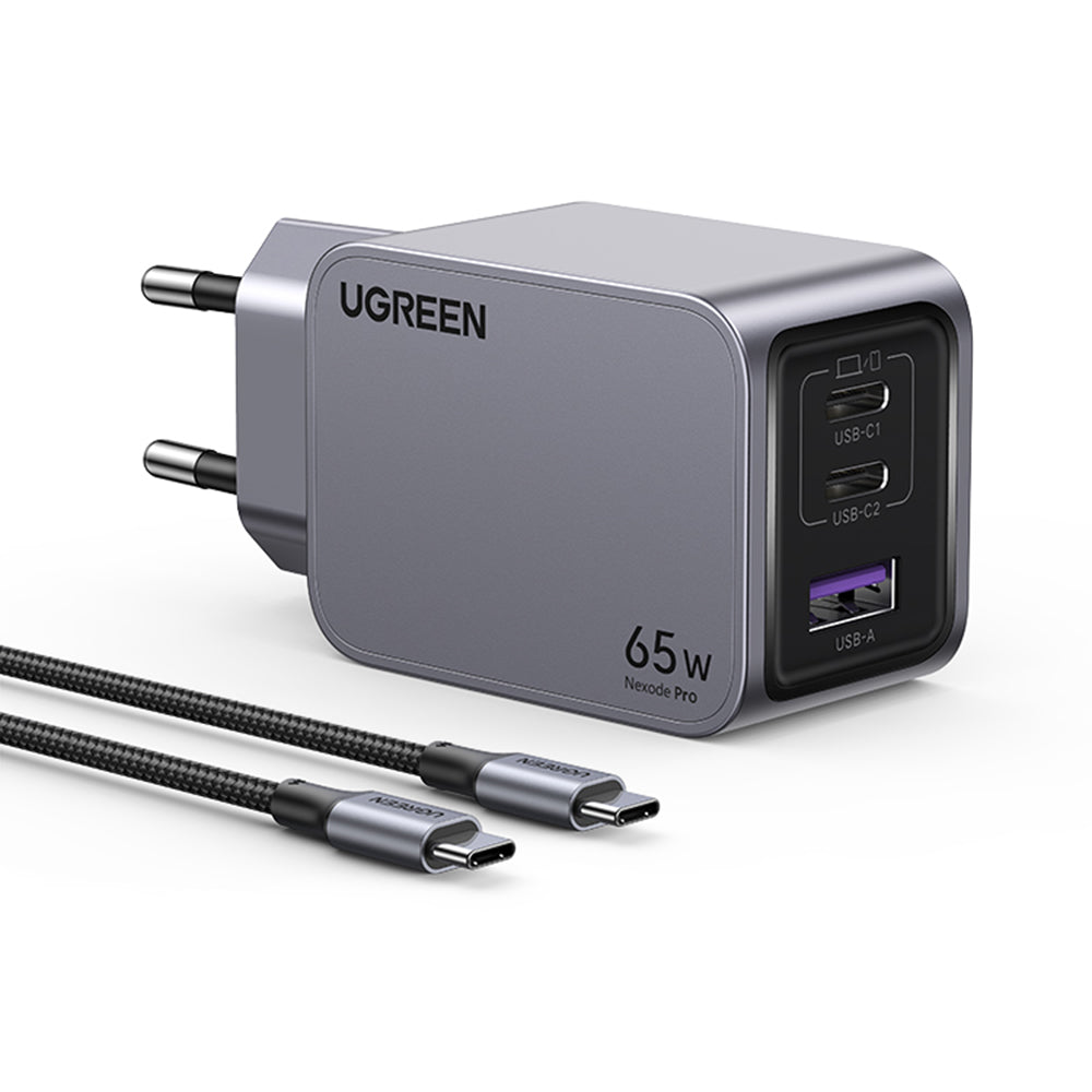 Polnilnik omrežja s kablom USB-C UGREEN X755 Nexode Pro, 65W, 3A, 1 x USB-A - 2 x USB-C, siv