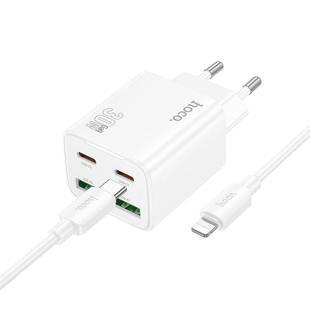 Polnilnik omrežja s kablom Lightning HOCO N56, 30W, 3A, 2 x USB-A - 2 x USB-C, Bel
