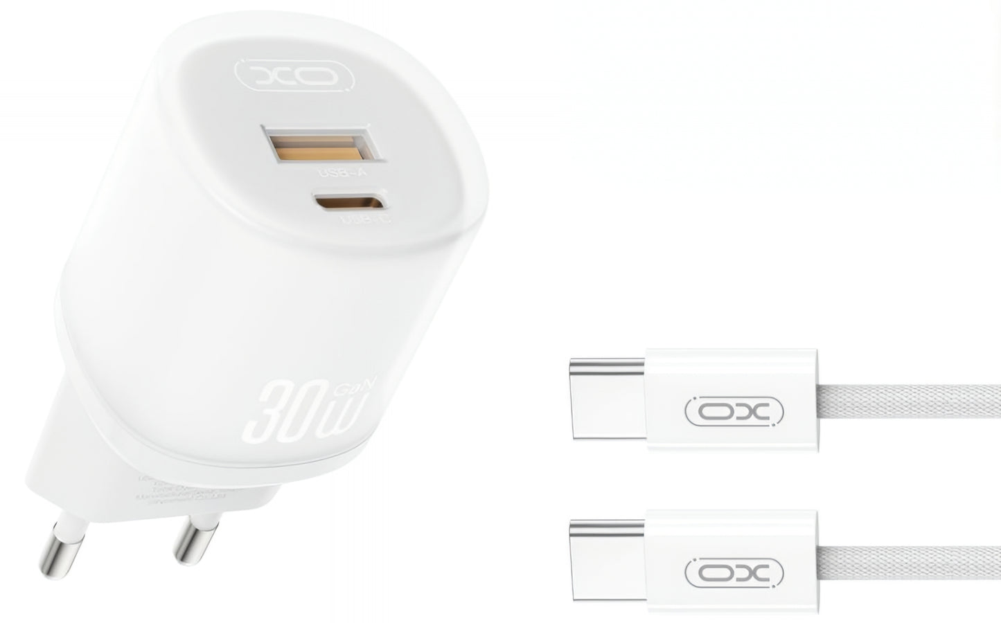 Omrežni polnilec s kablom USB-C XO Design L151, 30W, 3A, 1 x USB-A - 1 x USB-C, Bel