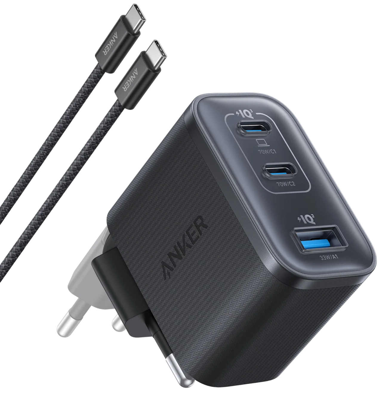Polnilnik Anker Nano z omrežnim kablom USB-C, 70W, 3.5A, 1 x USB-A - 2 x USB-C, Siv B121A311
