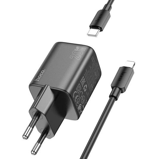 Polnilnik omrežja s kablom Lightning HOCO N41, 20W, 3A, 1 x USB-A - 1 x USB-C, črn