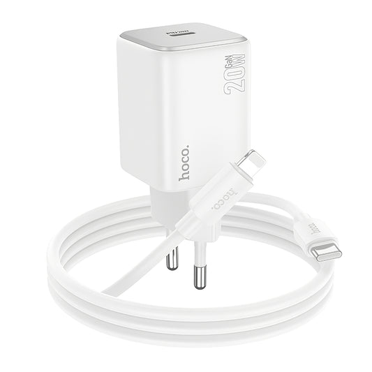 Omrežni polnilec s kablom Lightning HOCO N40, 20W, 3A, 1 x USB-C, Bel