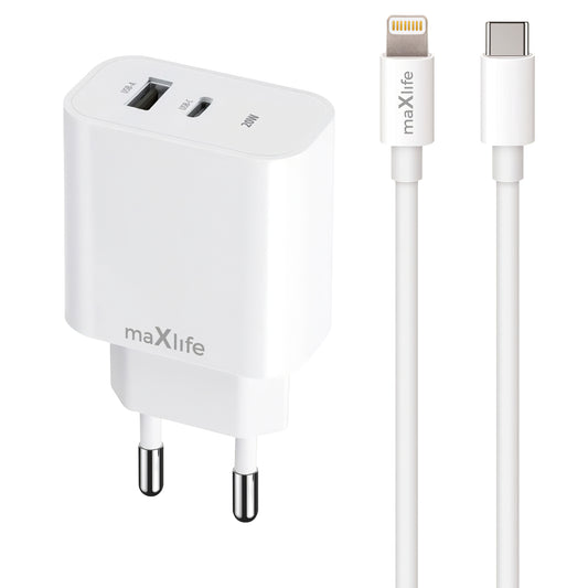 MaXlife MXTC-06-20AC MaXlife MXTC-06-20AC Mrežni polnilnik s kablom Lightning, 20 W, 3A, 1 x USB-A - 1 x USB-C, bel