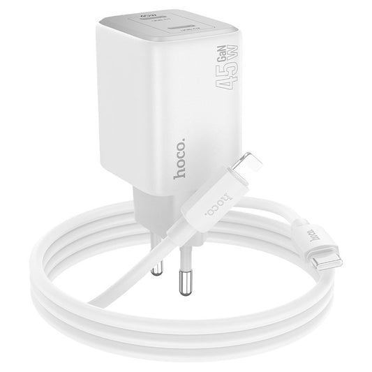 Omrežni polnilnik s kablom Lightning HOCO N42, 45 W, 3A, 2 x USB-C, bel