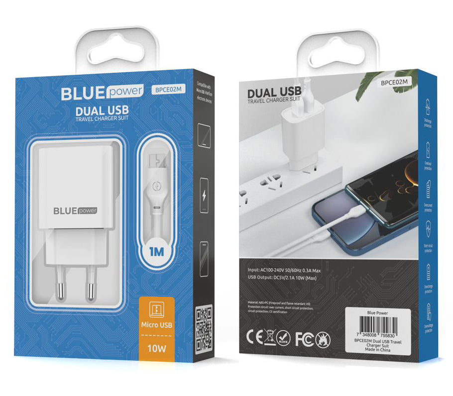 Blue Power BPCE02M omrežni polnilnik s kablom microUSB, 10,5 W, 2,1 A, 2 x USB-A, bel